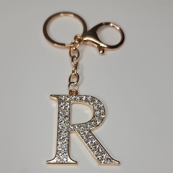 Letter R Initial R Alphabet R Rhinestone Gold Key Chain Bag Charm - Picture 1 of 7